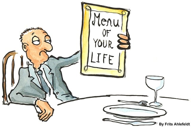 Leer er maar mee leven: man aan tafel met de menukaart Menu of your life