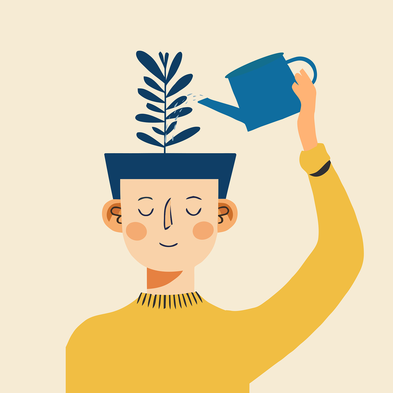 Zelfzorg bij levend verlies: een man met een plant op zijn hoofd geeft zichzelf water uit de gieter.