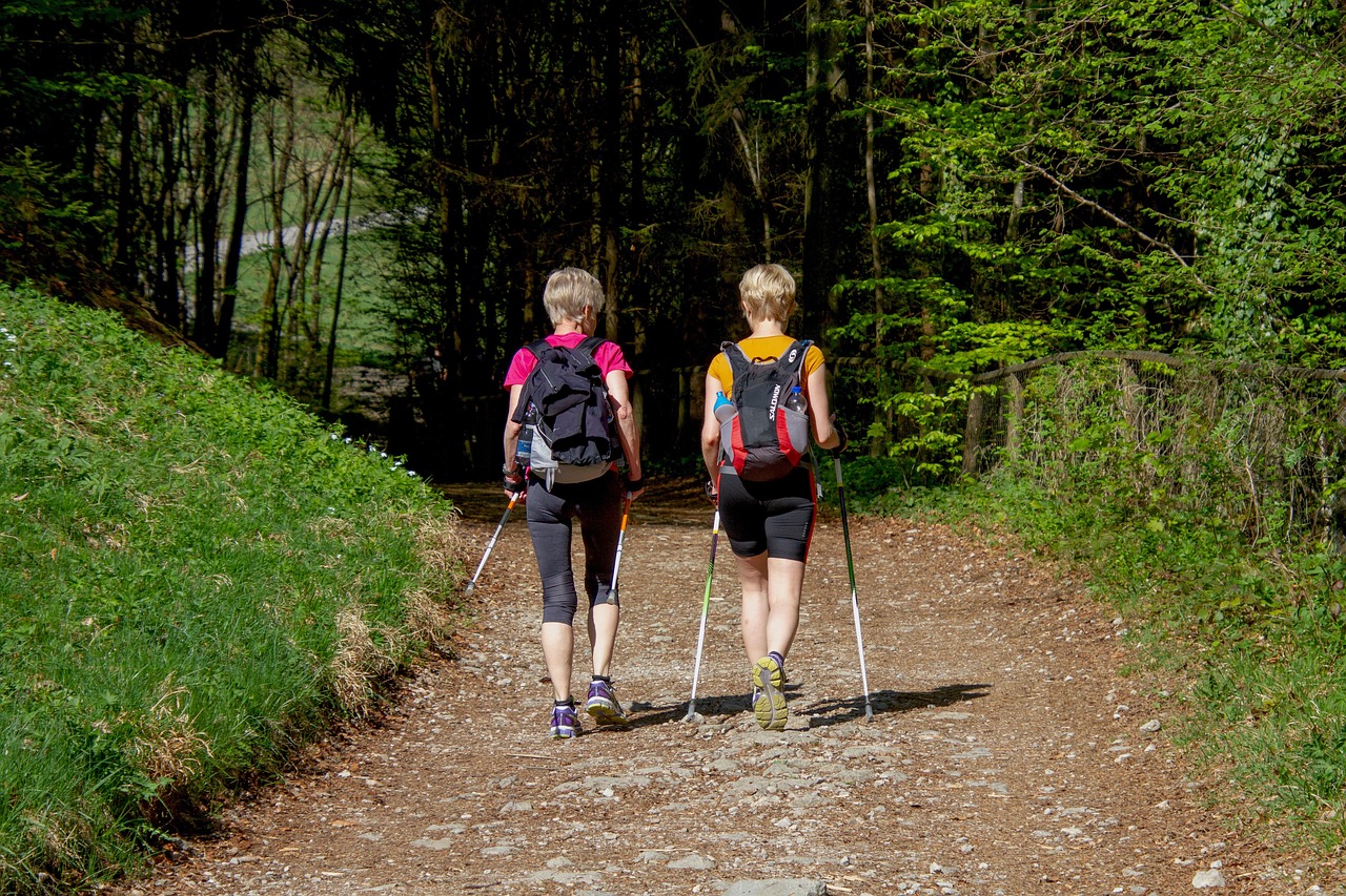 Vaktherapie: twee mensen die met stokken aan Nordic Walking doen