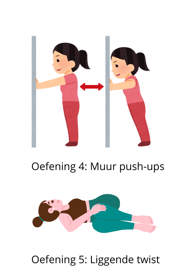 5 oefeningen om je gehele lichaam te versterken: tekening van oefening 4 (muur push-ups) en 5 (liggende twist)