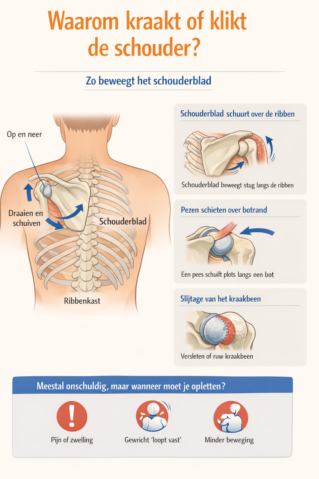 Krakende gewrichten: infographic met afbeeldingen van botten in rug en schouders, het schouderblad dat dschuurt aan de ribben, pezen die over een botrand schieten en slijtage aan het kraakbeen. En waarschujwingstekens voor Pijn of zwelling, Gewricht loopt vast en Minder berweging.