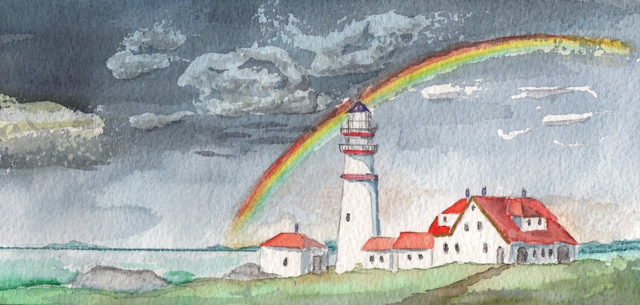 Zingeving: een waterverfschilderij van een vuurtoren met huisjes eromheen, een dreigende lucht en een regenboog.