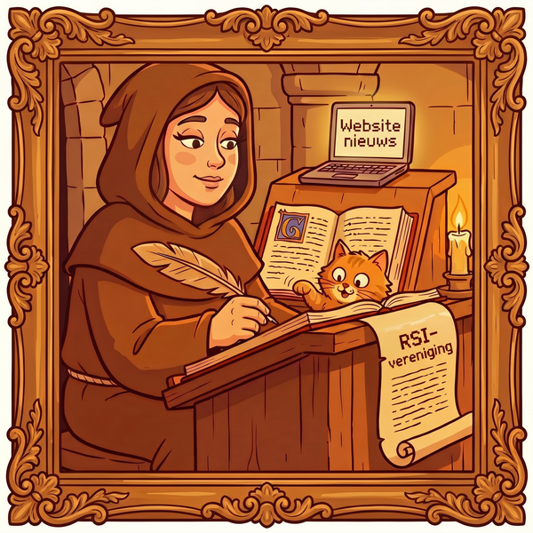 Het bestuur, de secretaris: vrouwelijke monnik aan een lessenaar die aan het schrijven is aan een perkamentrol met een ganzenveer. Kat kijkt toe. Op een andere lessenaar staat een laptop.
