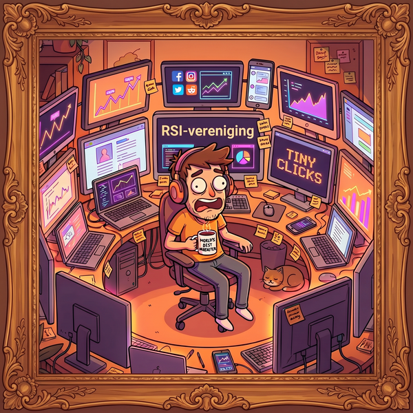 Het bestuur, de online marketeer: persoon in een controlekamer met veel computerschermen, een koptelefoon op en een dampende mok met tekst worlds best.