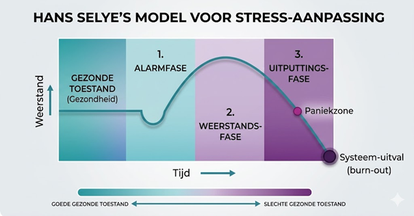 Grafiek van Hans Selye’s stressmodel met drie fasen: alarmfase, weerstandsfase en uitputtingsfase, waarbij langdurige stress leidt tot afname van weerstand en mogelijk burn-out.