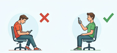 Illustratie van smartphonehouding: links een onderuitgezakte houding met gebogen nek (fout), rechts een rechte zithouding met telefoon op ooghoogte (goed).