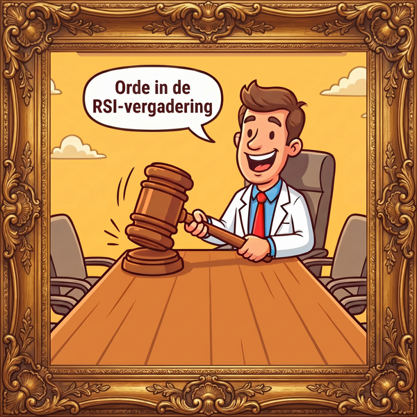 Het bestuur, de voorzitter: persoon met witte jas aan en een grote voorzittershamer aan een lege tafel. in de tekstballon staat: Orde in de RSI-vergadering.