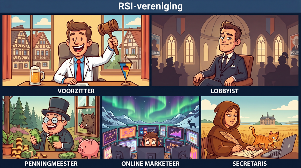 Het bestuur: online vergadering van alle bestuursleden. Voorzitter met een hamer voor een raam met vakwerkhuizen en een bierpul. Belangenbehartiger in een zaal in Den Haag. De penningmeester met zijn spaarvarken op de heide. Op de achtergrond een everzwijn met slagtanden. De online marketeer van de website tussen zijn schermen met op de achtergrond fjorden, het noorderlicht en een eland. De secretaris zit aan haar tafel in de natuur met een ganzenveer te schrijven. Voor haar staat een laptop en de kat zit erbij. Op de achtergrond een kasteel in de Waddenzee.