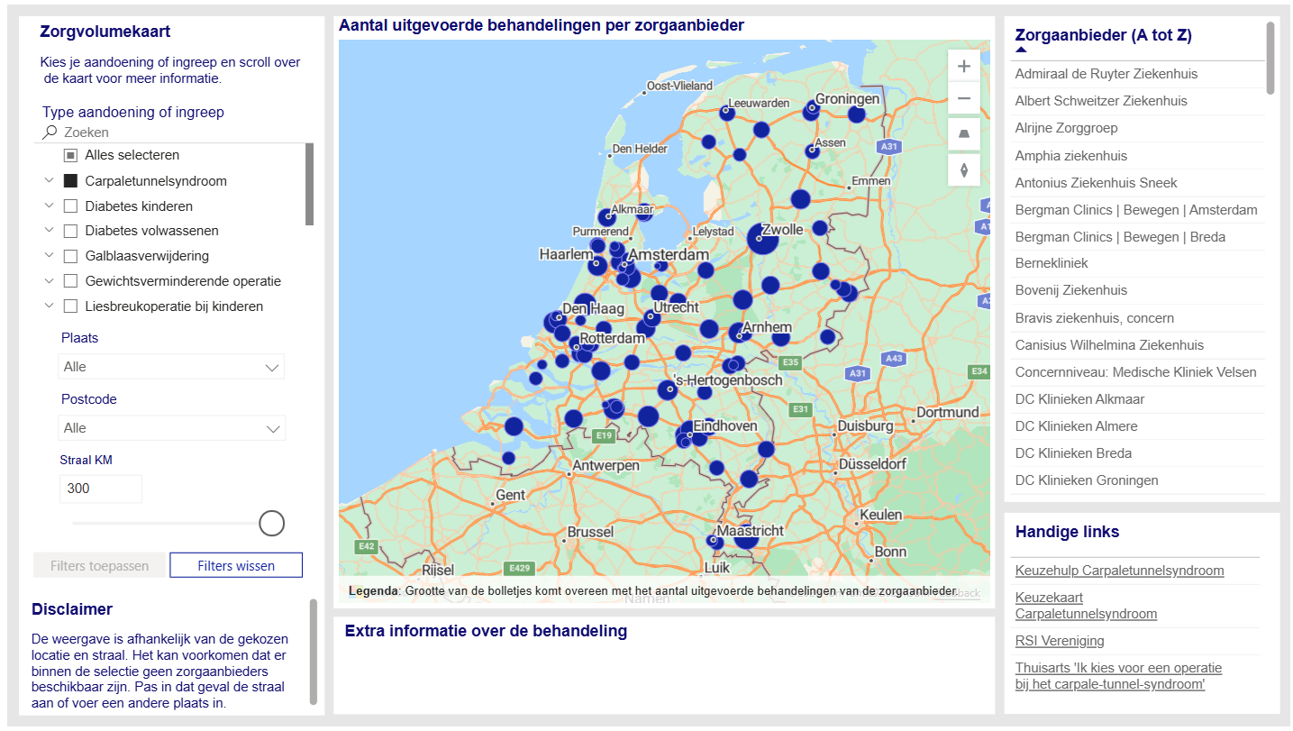Zorgvolumekaart: kaart van nederland met blauwe stippen voor zorgcentra voor CTS 