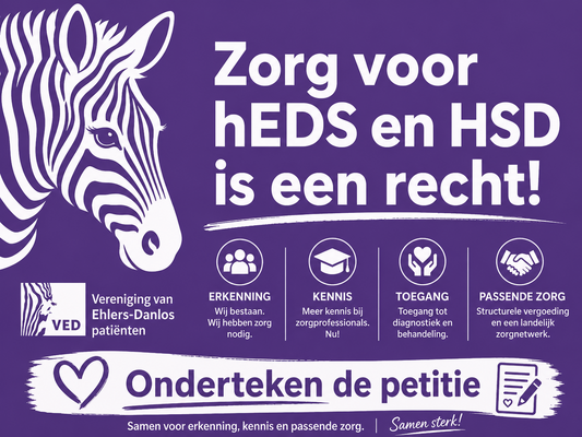 Ehlers-Danlos: logo petitie met als titel Zorg voor hEDSmen HSD is een recht. Achtergrondkleur diep paars,met in de linkerbovenhoek de kop van een ezel.