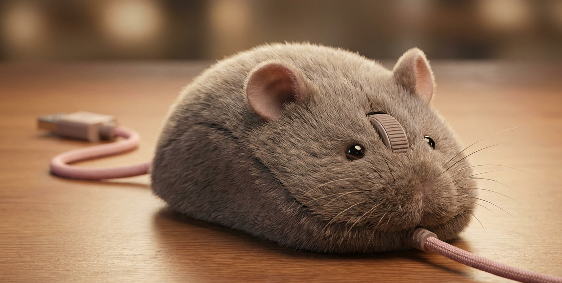 Computermuis: animatie van een computermuis die er uitziet als een echte muis, met oortjes, oogjes, snorharen en als staart een usb-kabel. Uit de bek komt ook een kabel. Animatie gemaakt met AI (Luma).