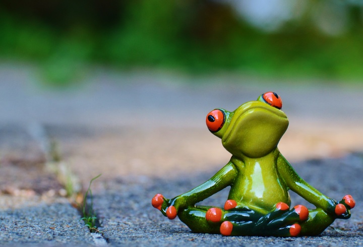 Mindfulness: animatie van groene kikker die zit te mediteren