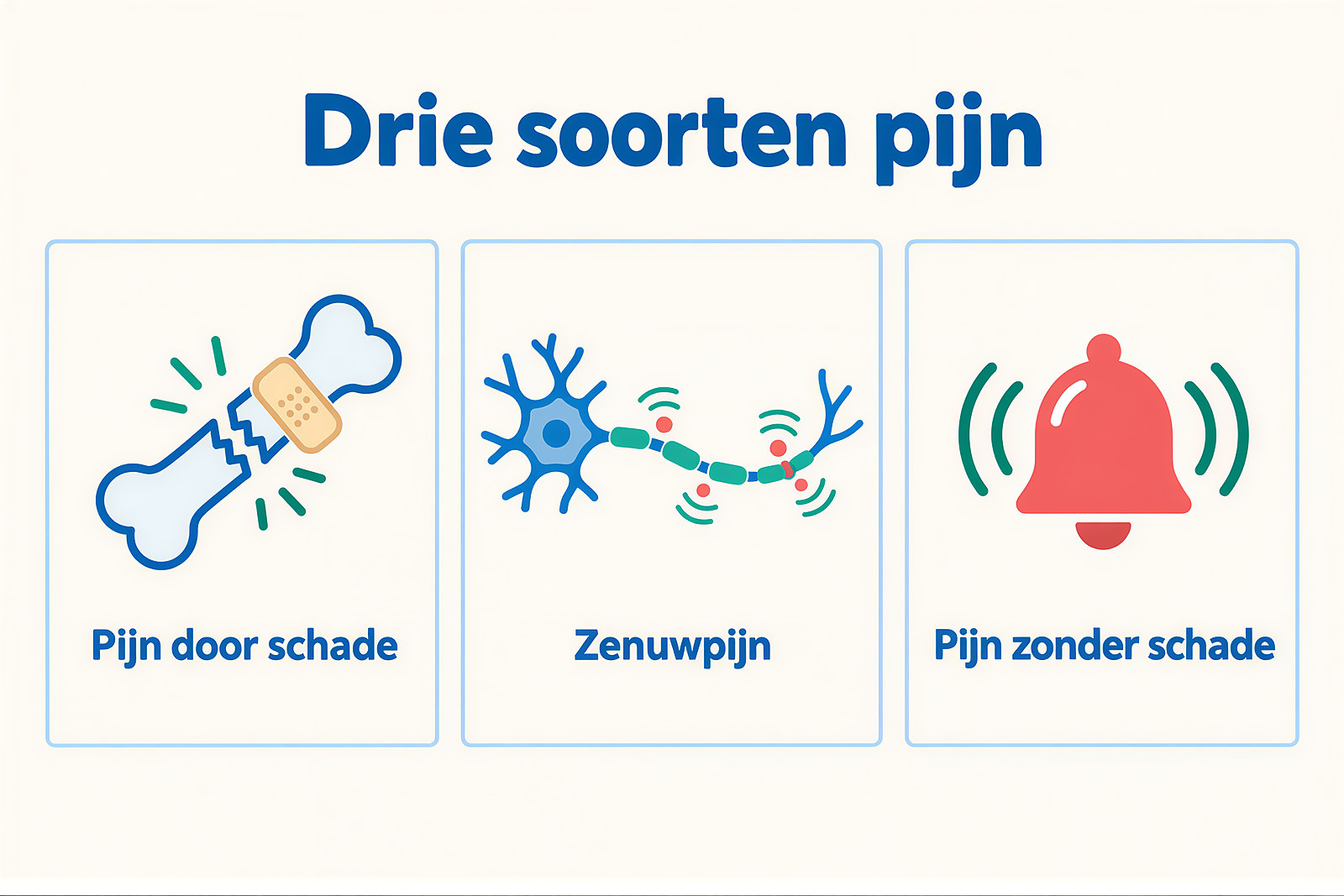 Als pijn blijft: schema met drie vakken onder de titel "Drie soorten pijn": "Pijn door schade", "Zenuwpijn" en "Pijn zonder schade", elk met een eenvoudig icoon.