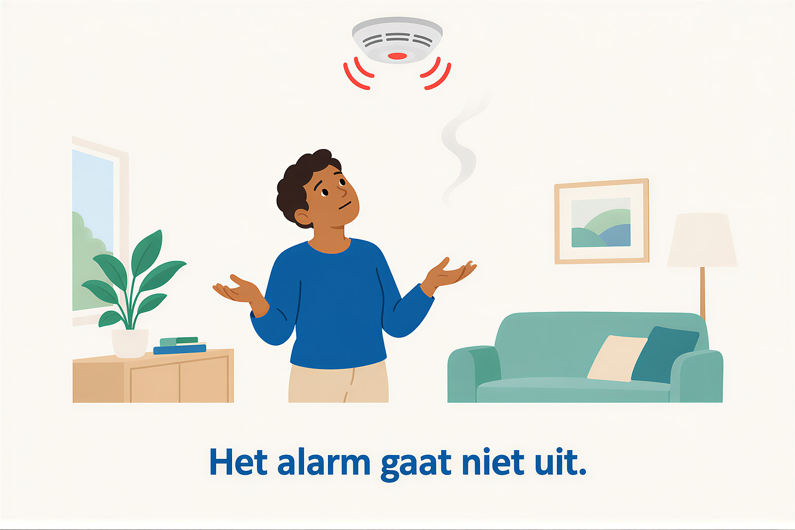 Als pijn blijft: een rookmelder aan het plafond blijft geluid maken, terwijl er geen vuur meer is. Een persoon kijkt er moe en vragend naar. Tekst: "Het alarm gaat niet uit."