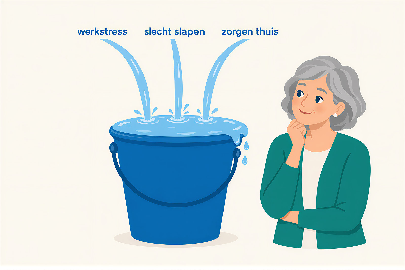 Als pijn blijft: een emmer die bijna overstroomt. Drie stroompjes vullen hem: "werkstress", "slecht slapen" en "zorgen thuis". Een persoon kijkt naar de emmer.