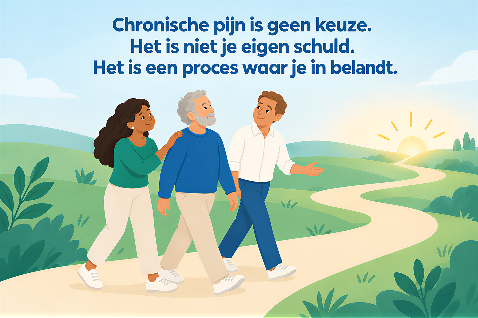 Als pijn blijft: drie mensen lopen samen over een kronkelend pad door een heuvellandschap naar de opkomende zon. Een van hen krijgt een hand op de schouder. Tekst: "Chronische pijn is geen keuze. Het is niet je eigen schuld. Het is een proces waar je in belandt."
